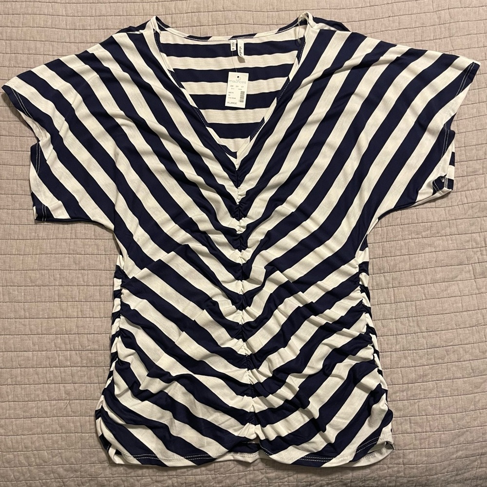 Studio Y Blue and White Striped Top with Deep V Neck Size XL